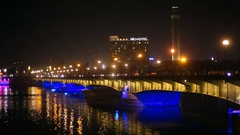 Nile bridge at night - Cairo Stock Footage 122572823