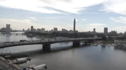 Nile River, Bridge and Cairo Tower Stockbeeldmateriaal 43673295
