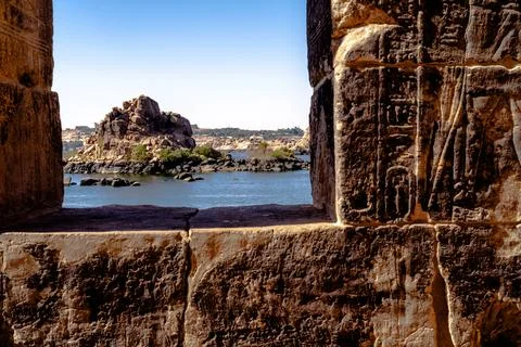 Nile River Viewed Through Temple Window in Aswan Egypt Stock Photos