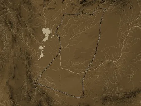 Nimroz, Afghanistan. Elevation map colored in sepia tones with lakes and rive Stock Illustration