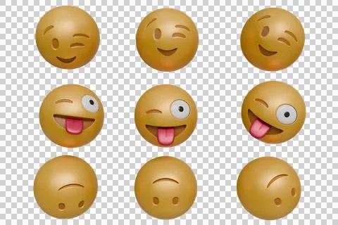 Nine 3D rendered emojis displaying variations of winking, smiling, tongue-o.. Stock Photos
