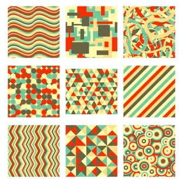 Nine abstract seamless patterns in retro colours Stock Illustration