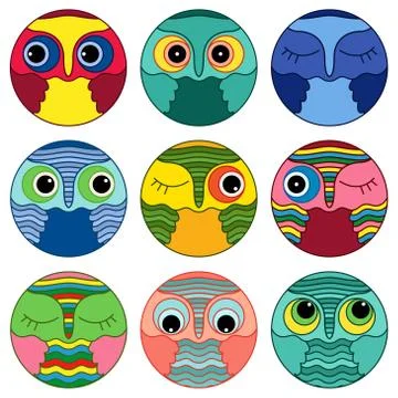 Nine amusing owl faces in a circle Stock Illustration