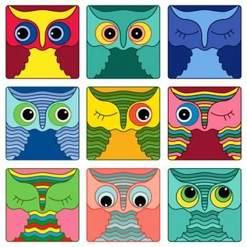 Nine amusing owl faces in square shapes Stock Illustration