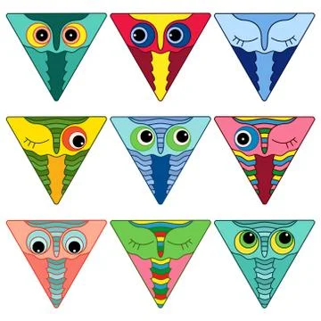 Nine amusing owl faces in triangle shapes Stock Illustration