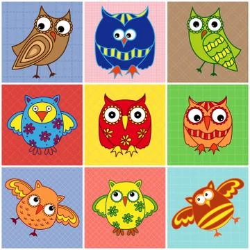 Nine amusing owls over square seamless patterns Stock Illustration