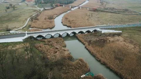 Nine-arched Bridge at Hortobágy, while drone flying over. Nine arches bridge  Stock Photos
