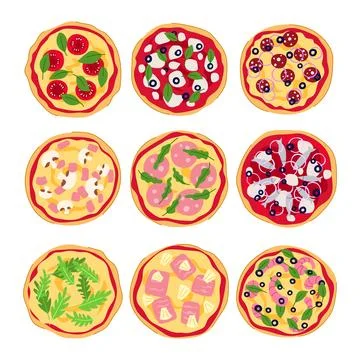 Nine assorted italian pizzas presenting diverse topping options Stock Illustration