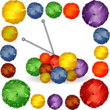 Nine balls of multicolored yarn, thread, stuck knitting needles Stock Illustration