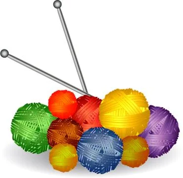 Nine balls of multicolored yarn, thread, stuck knitting needles Stock Illustration