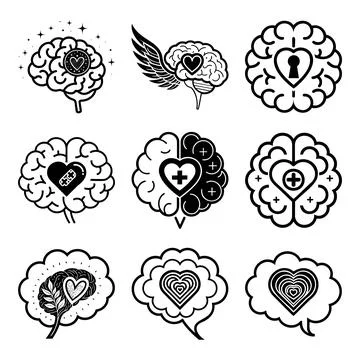 Nine black and white brain and heart with diverse symbolic msea set love mind Stock Illustration