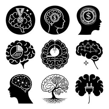 Nine black and white brain concept including a medal a dollar sign a pie ch.. Stock Illustration