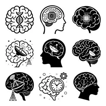 Nine black and white brain with diverse concepts like d n a technology and .. Stock Illustration