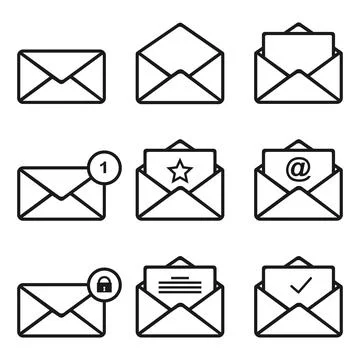 Nine black and white envelope icons showing closed, open, notification Stock Illustration