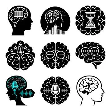 Nine black and white representing brain concepts and human thought processe.. Stock Illustration