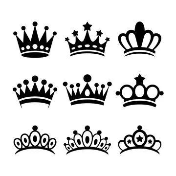Nine black crowns with different on white background Illustrazione stock