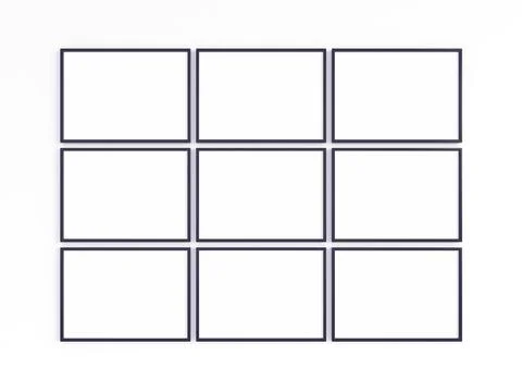 Nine black horizontal frames on a light wall Stock Photos