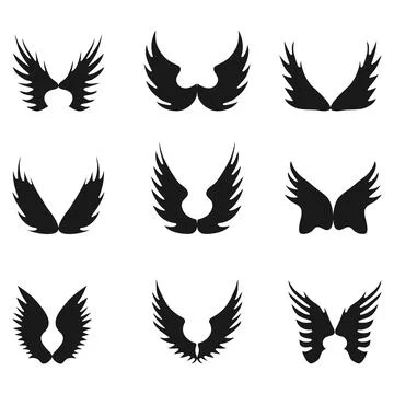 Nine black wing silhouettes with unique feather shapes arranged in grid Stock Illustration