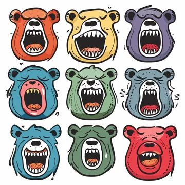 Nine cartoon bear faces expressing different emotions through open mouths varied Illustrazione stock