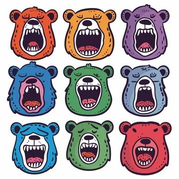 Nine cartoon bear faces roar, colorful cartoon bear heads, angry expressions Stock Illustration