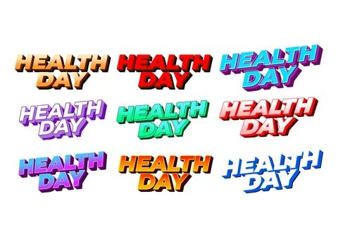 Nine colorful 3d text logos saying health day in various styles and color s.. 스톡 일러스트