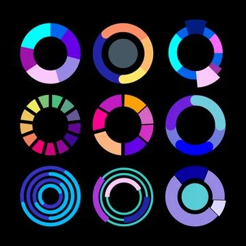 Nine colorful circular charts analyzing business data information Stock Illustration