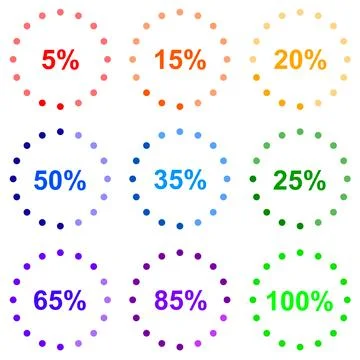 Nine Colorful Circular Progress Indicators with Gradient Dots and Percentag.. Stock Illustration
