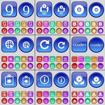 Nine, Currency exchange, Disk, Web cursor, Reload, Code, Flower, Information, Fl Stock Illustration