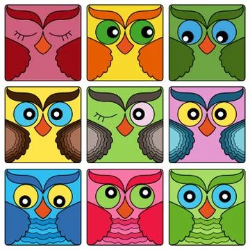 Nine cute owl faces in square shapes Stock Illustration