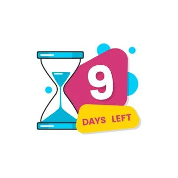 Nine days left., countdown with timer and hourglass. Stockillustratie