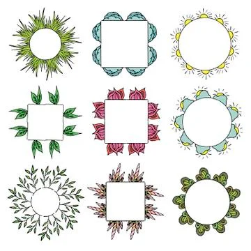 Nine different color round frames and square frames. Isolated frames on white 스톡 일러스트