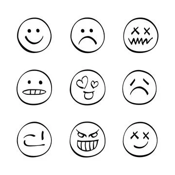 Nine distinct emoticons depict a range of emotions, including happiness, sadn Stock Illustration