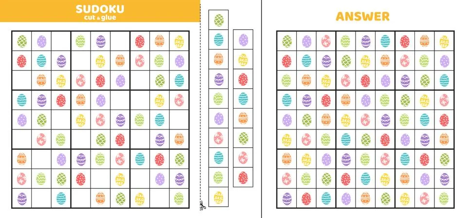 Nine Easter eggs in sudoku game. Game puzzle for kids. Cut and glue. Cartoon Stock Illustration