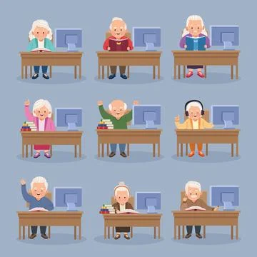 Nine elderly persons studing Stock Illustration