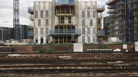 Nine Elms residential development area in London and home to the USA embassy Stock Footage 265677242