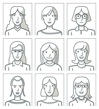 Nine female avatars. Simple line Stock Illustration