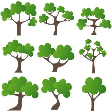 Nine flat green trees vector set deciduous forest and park plants isolated イラスト素材