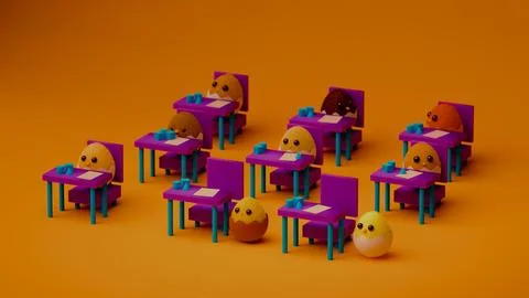Nine fluffy chicks in classroom with two standing front.... Illustrazione stock