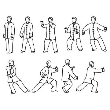Nine forms of Tai-chi. Men wear traditional chinese cloths vector illustratio Stock Illustration