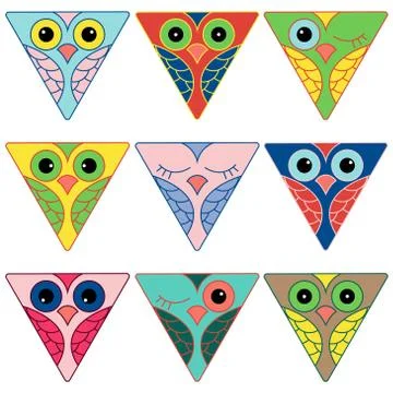 Nine funny owl faces in triangular forms Stock Illustration