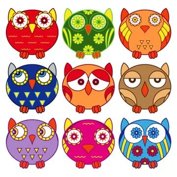 Nine funny owls in oval forms Stock Illustration