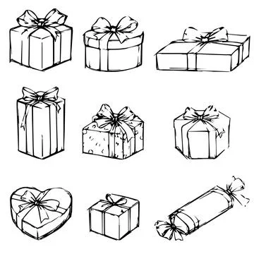 Nine Hand Drawn Gift Boxes Outline Set Stock Illustration