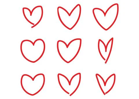 Nine Hand Drawn Red Heart Line Doodle Icons Stock Illustration