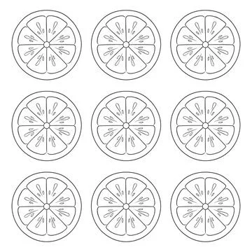 Nine identical lemon slice arranged in a grid pattern, simple black outline.. Stock Illustration