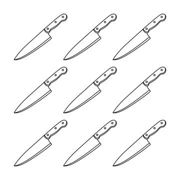 Nine kitchen chef knives arranged in a grid, simple black and white line is.. イラスト素材