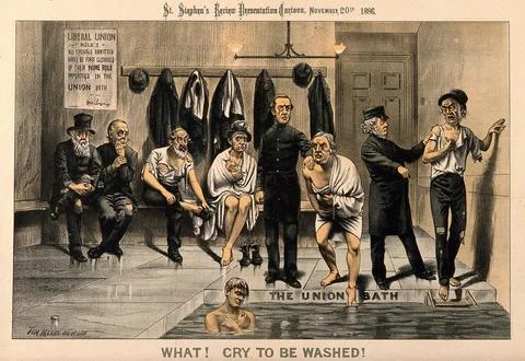 Nine men in a public bath; representing the Liberals' rejection of doubts a.. Stock Illustration