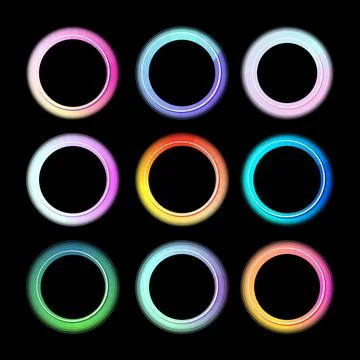 Nine multicolored glowing circle frames on black background Stock Illustration