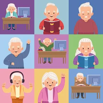 Nine old students studing Stock Illustration