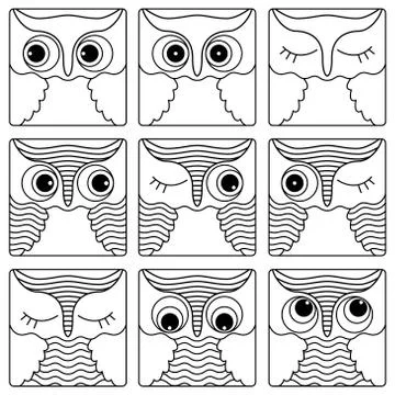 Nine outlines of owl faces in square shapes Stock Illustration