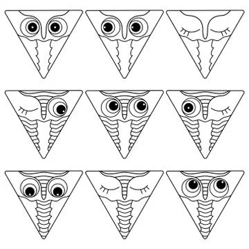 Nine outlines of owl faces in triangle shapes Stock Illustration